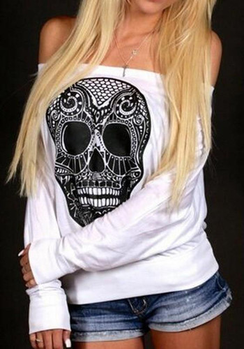 White Skull Print Boat Neck Long Sleeve Casual T-Shirt