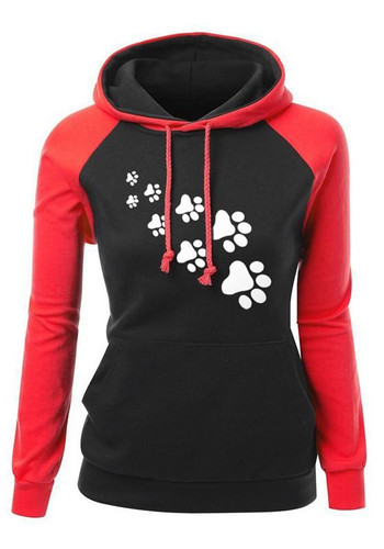 Red-Black Cat Claw Print Drawstring Pockets Casual Pullover Hooded Sweatshirt
