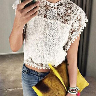 White Patchwork Lace Hollow-out Crop Round Neck Blouse