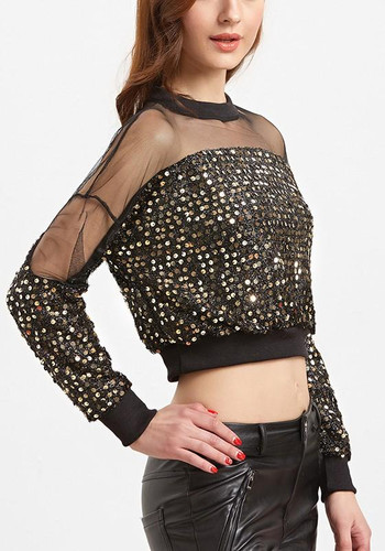Black Patchwork Crop Sequin Grenadine Round Neck Blouse