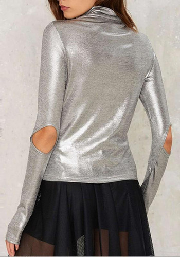 Silver Plain Cut Out Sparkly Band Collar High Neck Slim T-Shirt