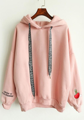 Pink Patchwork Embroidery Drawstring Hooded Long Sleeve Casual Pullover Sweatshirt