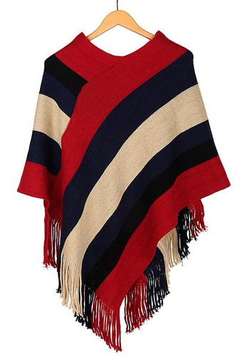 Red Striped Tassel Round Neck Pullover Cape