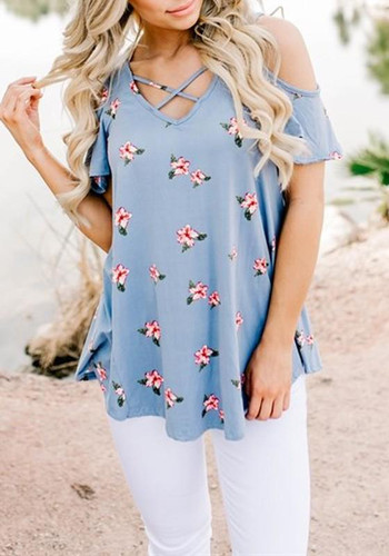 Blue Floral Off Shoulder Cut Out V-neck Short Sleeve T-Shirt