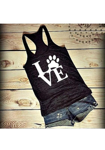 Black Monogram Round Neck Casual Loose Thin Vest