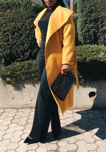 Yellow Sashes Pockets Turndown Collar Long Sleeve Elegant Cardigan Wool Coat