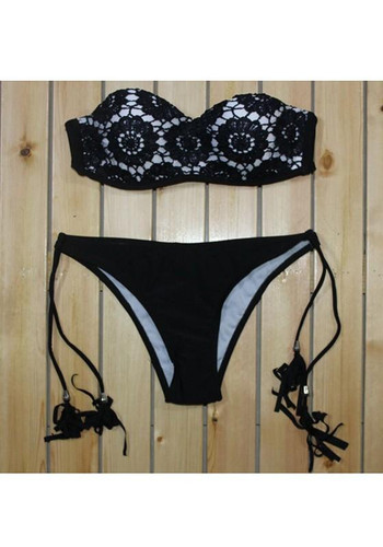 Black Patchwork 2-in-1 Lace Tassel V-neck Slim Swimwear
