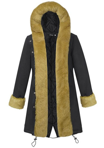 Black Patchwork Irregular Pockets Hooded Long Sleeve Faux Fur Thick Coat