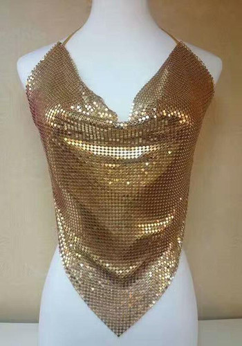 Golden Sequin Spaghetti Strap Tie Back Halter Neck Backless Off Shoulder Vest