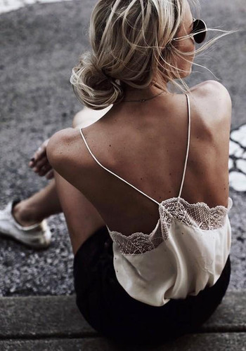 White Patchwork Lace Condole Belt Backless V-neck Fashion Vest
