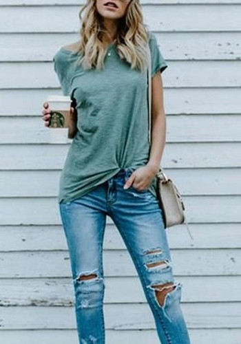 Green Draped Short Sleeve Round Neck Casual T-Shirt