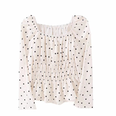 White Polka Dot Print Square Neck Long Sleeve Fashion Blouse