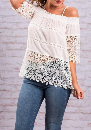White Patchwork Spaghetti Strap Lace Hollow-out Half Sleeve Blouse