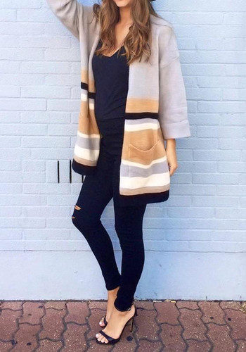 Apricot Color Block Print Long Sleeve Casual Cardigan Sweater