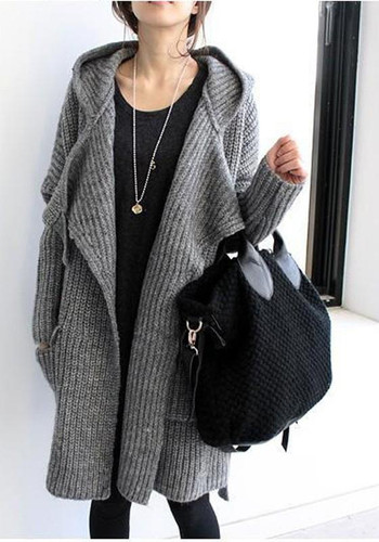 Grey Belt Pockets Hooded V-neck Long Sleeve Cardigan Sweater