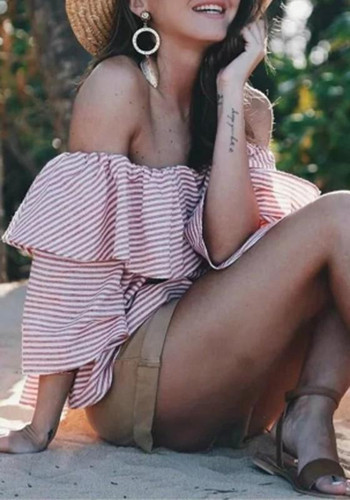 Pink-White Striped Ruffle Off Shoulder Backless Sweet Going out Blouse Pink-White Striped Ruffle Off Shoulder Backless Sweet Going out Blouse