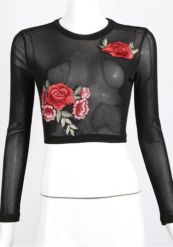 Black Floral Embroidery Grenadine Long Sleeve T-Shirt