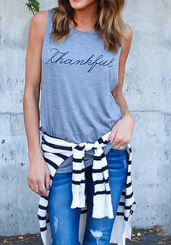 Grey-Black Monogram Round Neck Sleeveless Casual T-Shirt