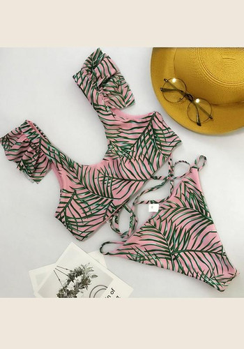 Pink Floral Ruffle Belt 2-in-1 V-neck Fashion Swimwear