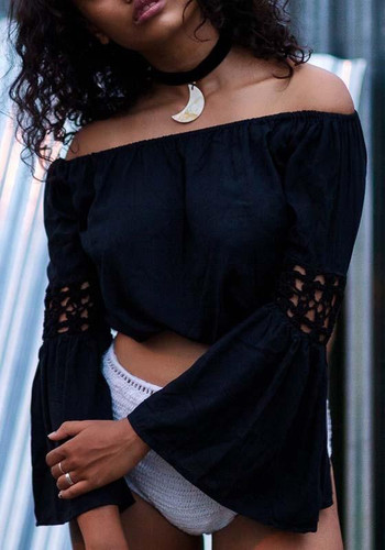 Black Cut Out Ruffle Boat Neck Long Sleeve Blouse