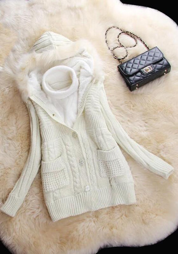 White Patchwork Single Breasted Pockets Long Sleeve Cardigan Sweater Coat