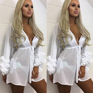 White Drawstring Cascading Ruffle V-neck Fashion Polyester Blouse