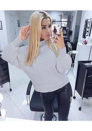 Grey Plain High Neck Casual Pullover Sweater