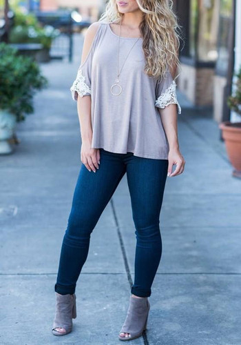 Grey Patchwork Lace Cut Out Off Shoulder Irregular Casual T-Shirt
