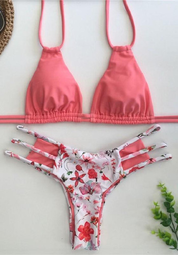 Pink Floral Tie Back Cut Out 2-in-1 V-neck Swimwear