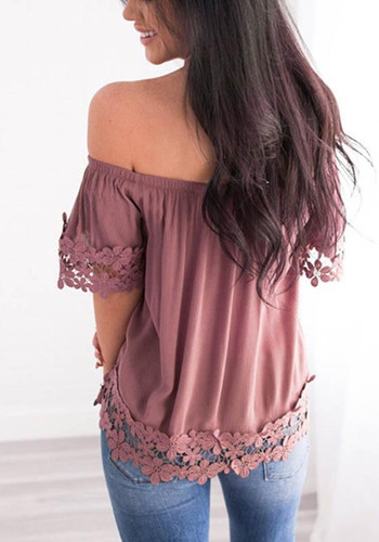 Pink Patchwork Cut Out Lace Boat Neck Short Sleeve Sweet T-Shirt