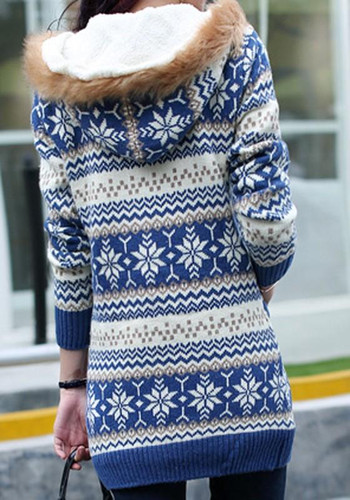 Blue Floral Pockets Hooded V-neck Long Sleeve Cardigan Coat