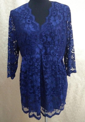 Royal Blue Flowers Print Lace Draped V-neck Elbow Sleeve Peplum Plus Size Blouse