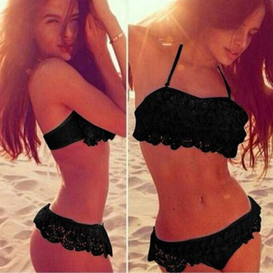 Black Patchwork 2-in-1 Lace Condole Belt Slim Swimwear