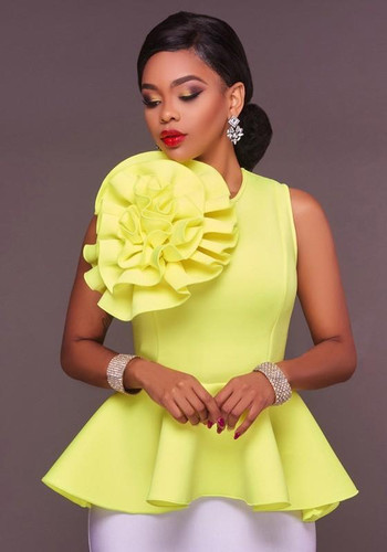 Yellow Flower Ruffle Zipper Peplum Prom Evening Party Round Neck Party Blouse