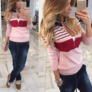 Pink Striped Zipper Round Neck Fashion Pullover Sweater