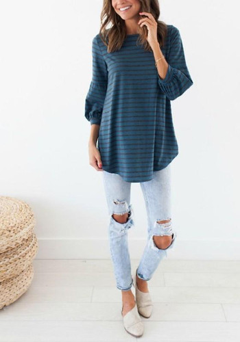 Blue Striped Irregular Round Neck Casual T-Shirt
