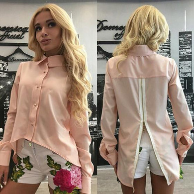 Pink Irregular Single Breasted Zipper High-low Long Sleeve Blouse