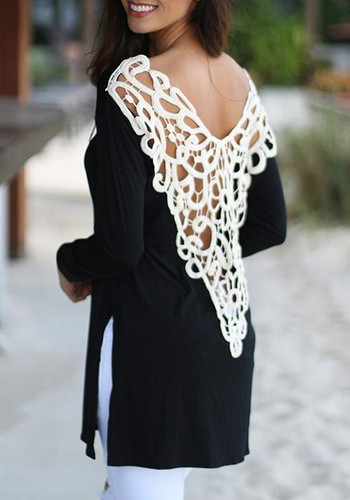 Black Patchwork Cut Out Round Neck Fashion T-Shirt