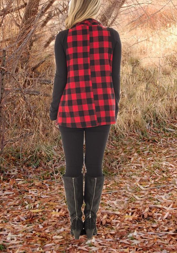 Red-Black Plaid Print Irregular Christmas Turndown Collar Casual Cardigan Vest Coat
