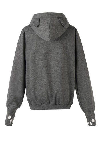 Dark Grey Drawstring Embroidery Pockets Fur Ball Hooded Sweet Pullover Sweatshirt