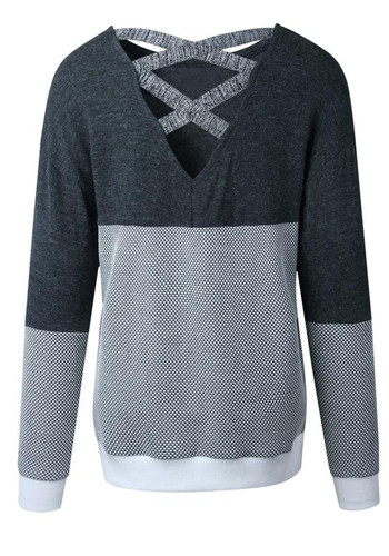 Grey Patchwork Cut Out Cross Back Round Neck Backless Pullover Sweater