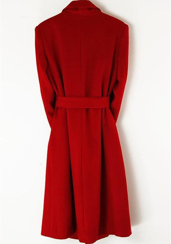 Red Pockets Sashes Tailored Collar V-neck Long Sleeve Wool Coat