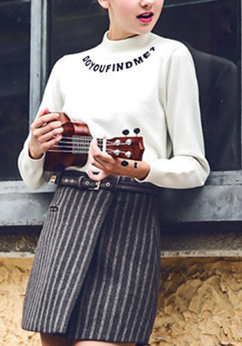 White Monogram Print Embroidery High Neck Long Sleeve Casual Pullover Sweater
