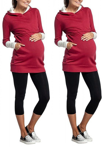 Red Plain Pockets Cut Out Hooded Casual Pullover Sweatshirt