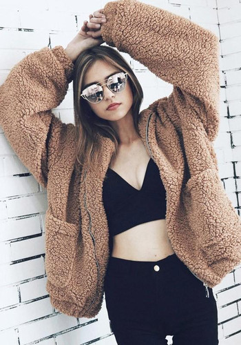 Camel Pockets Turndown Collar V-neck Long Sleeve Cardigan Coat