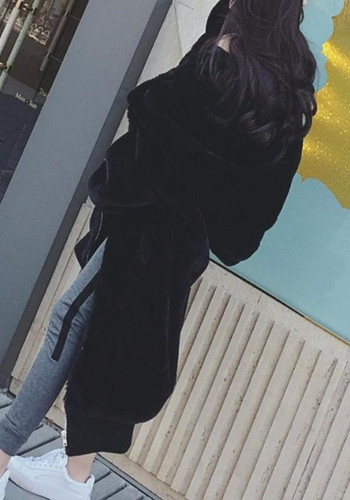 Black Draped Pockets Zipper Faux Fur Oversize Hooded Long Sleeve Thick Coat