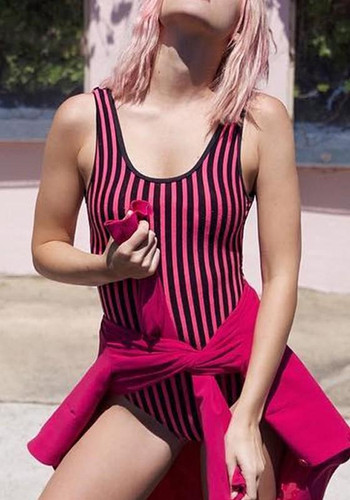 Red-Black Striped Cut Out Open Back One Piece Swimwear Red-Black Striped Cut Out Open Back One Piece Swimwear