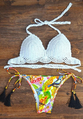 Yellow Floral Tassel Tie Back 2-in-1 V-neck Swimwear