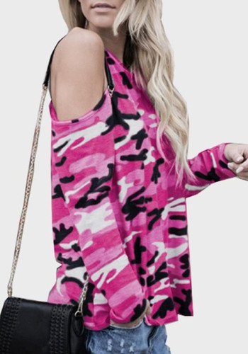 Rose Carmine Camouflage Cut Out Sleeve Casual Going out T-Shirt