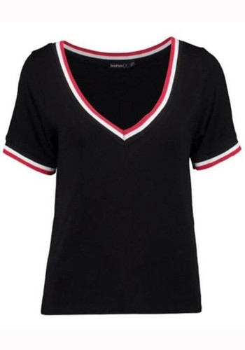 Black Striped Print Backless V-neck Casual T-Shirt